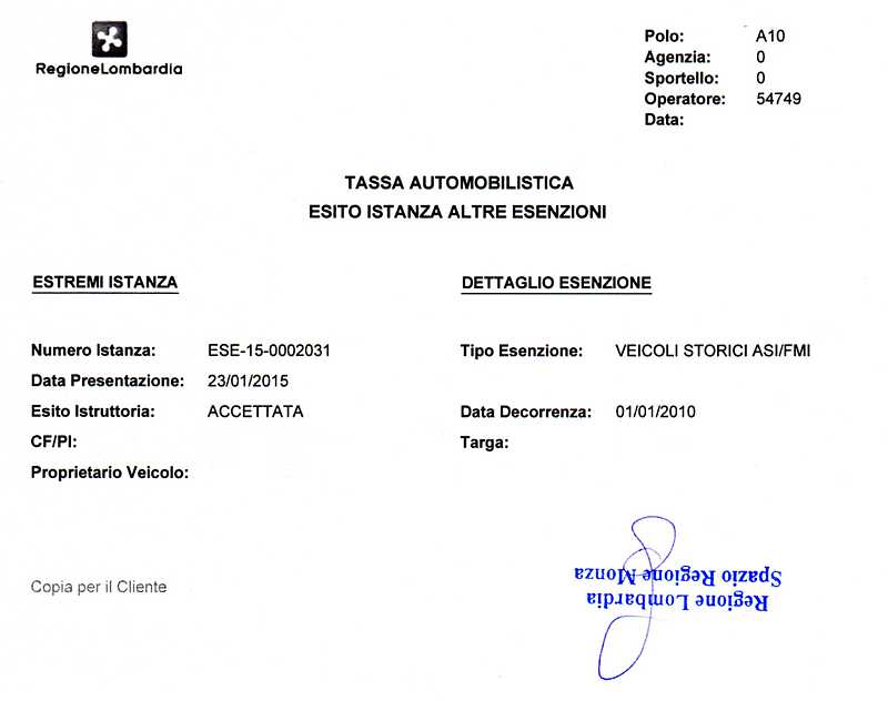 Certificato Esenzione Regione Lombardia